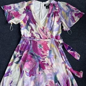 DKNY Dress Womens 10 Floral Chiffon Wrap Maxi Belted Flutter Sleeve V Neck